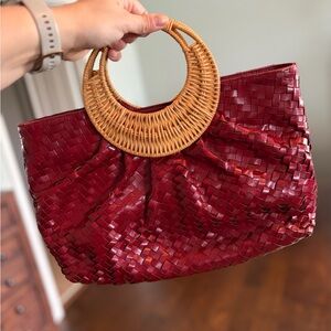 Monsac Woven Red Leather Tote with Rattan Handle